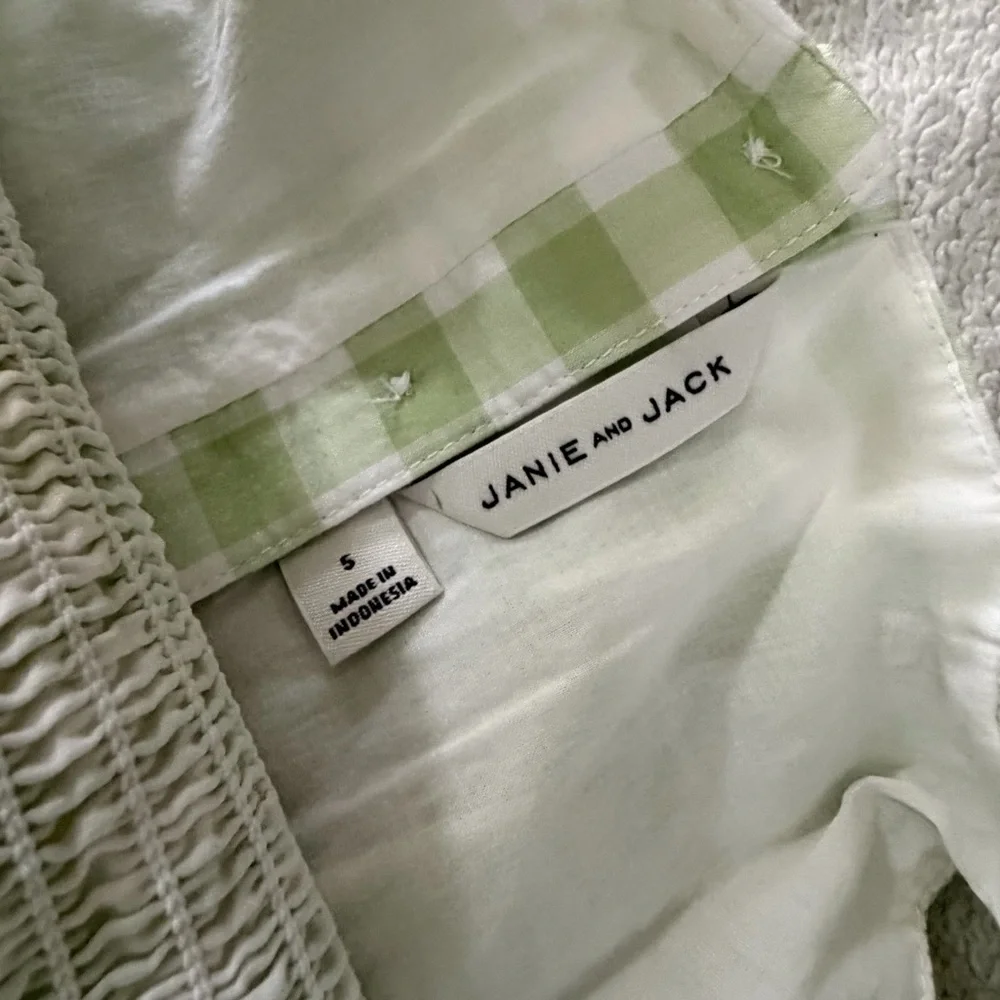 Janie and Jack | Green Gingham Smocked Romper with Ruffle Straps & Pockets | 5